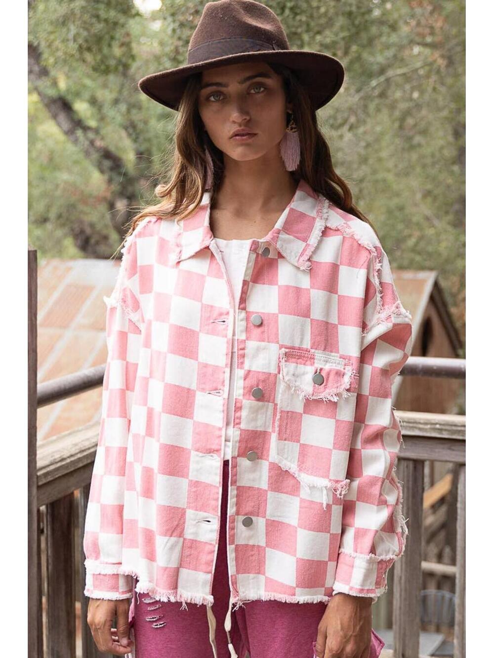 POL Pink and white checkered denim shacket with raw edges